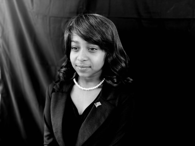 Aria, a student at P.S. 156 Waverly School of the Arts, dressed as Vice President Kamala Harris for Black History Month.