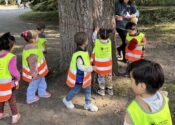 Escalera Head Start Director Tracey Elting and students of the 3-year-old class measure the circumference of a tree.