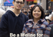 A photo of Nara and Jin posing on a busy sidewalk with the words, "Be a lifeline for those in crisis."