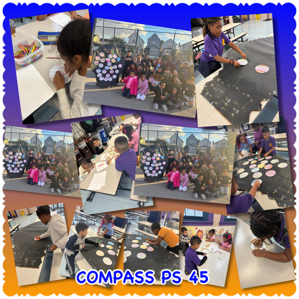 A collage of COMPASS PS 45 students celebrating Lights on Afterschool by contructing a large paper light bulb.